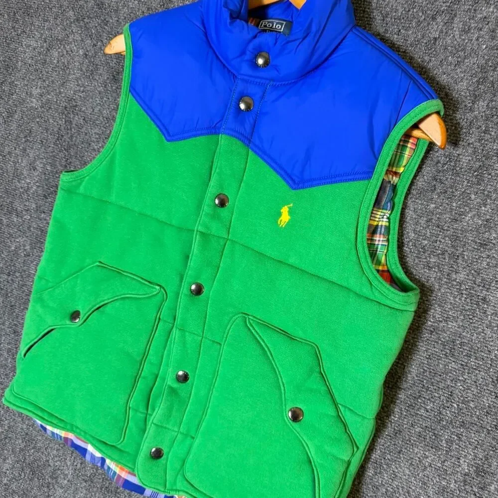 Polo Ralph Lauren Green/Blue Down Insulated Snap Front Puffer Vest Mens Small